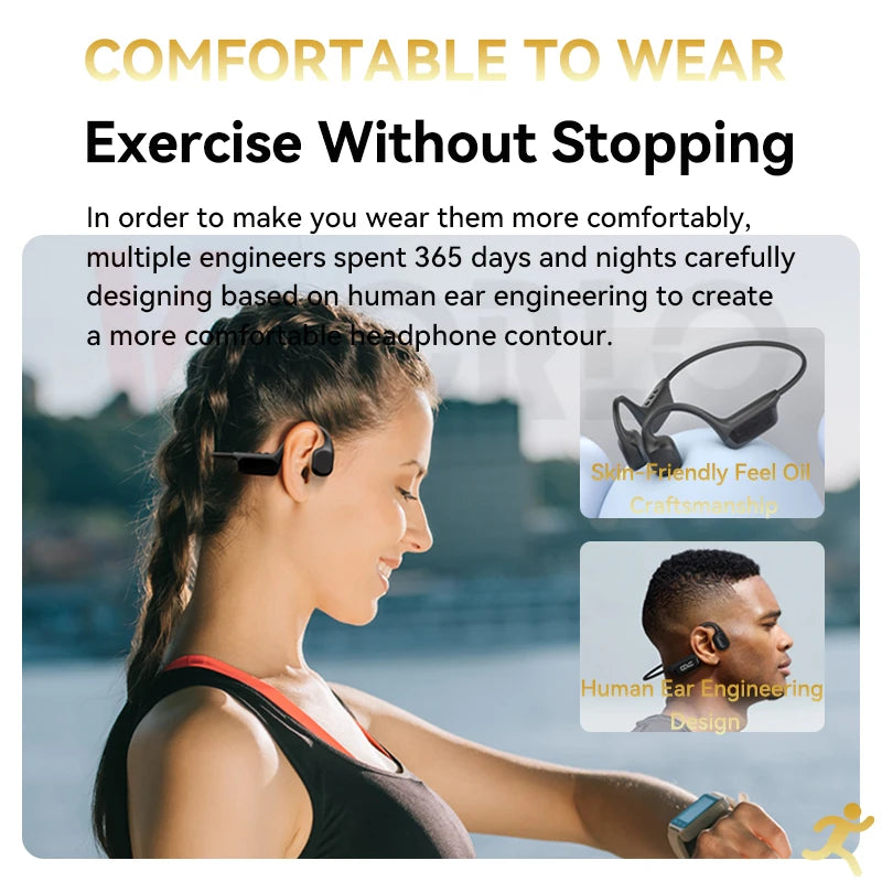 Person wearing FlowiBeat headphones with text about comfort and engineering