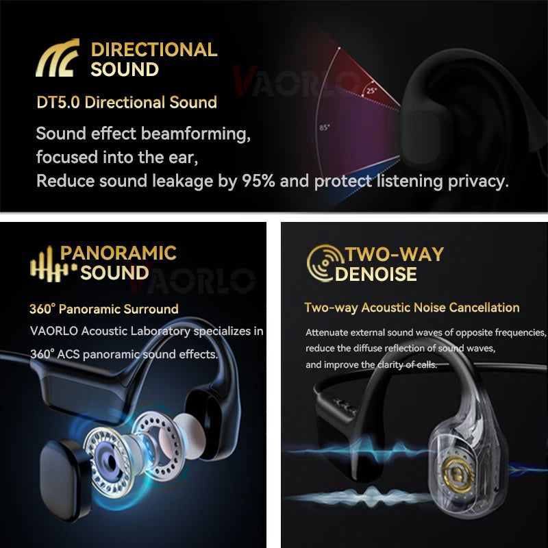 VAORLO earbud features including directional sound, panoramic sound, and two-way denoise on a dark background.