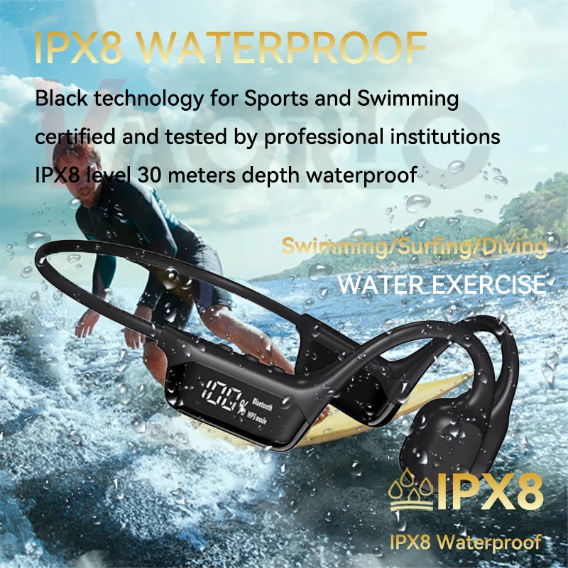 Waterproof FlowiBeat headphones with a person surfing in the background, emphasizing IPX8 waterproof feature.