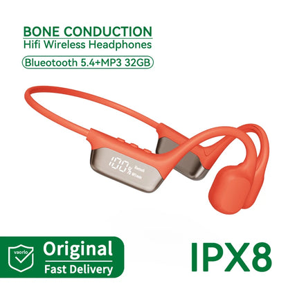 Orange bone conduction FlowiBeat headphones with digital display on a white background, featuring Bluetooth 5.4, MP3 32GB, IPX8 rating, and Original Fast Delivery logo.