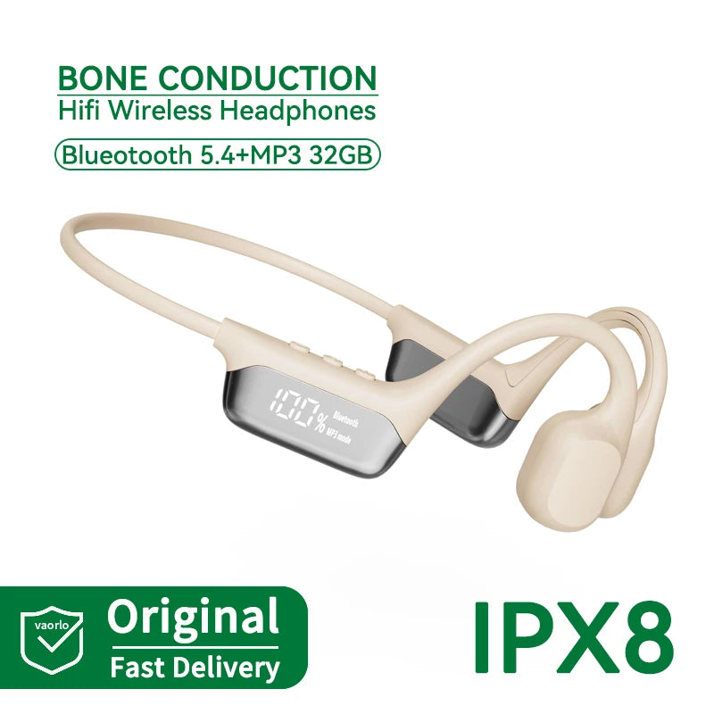 Bone conduction FlowiBeat headphones with digital display on a white background