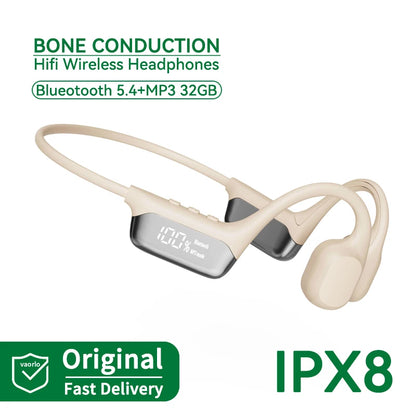 Bone conduction FlowiBeat headphones with digital display on a white background