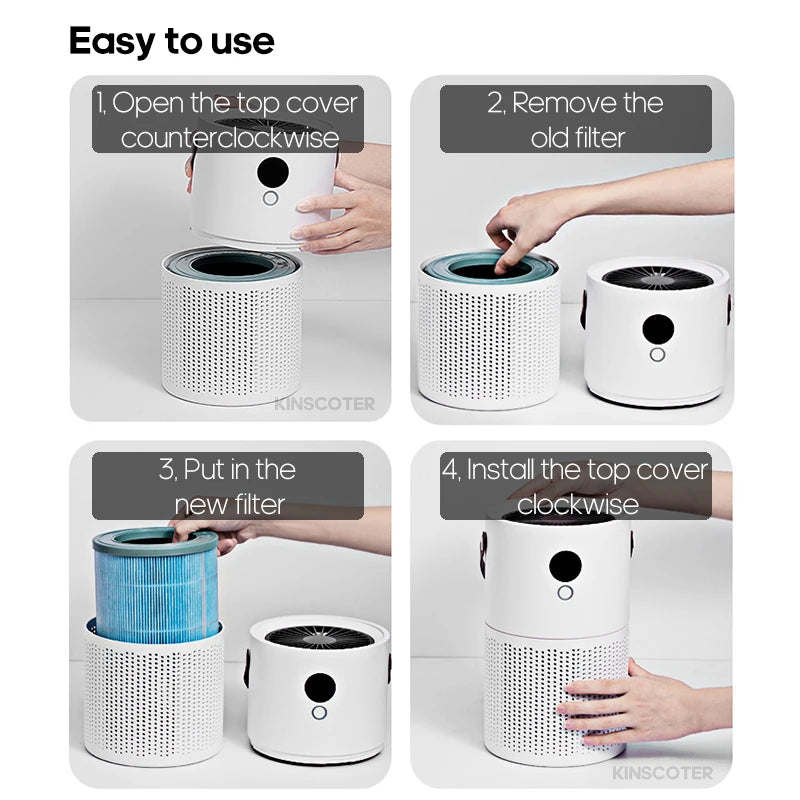 Step-by-step guide on how to replace a filter on an air purifier with close-up views and text instructions.