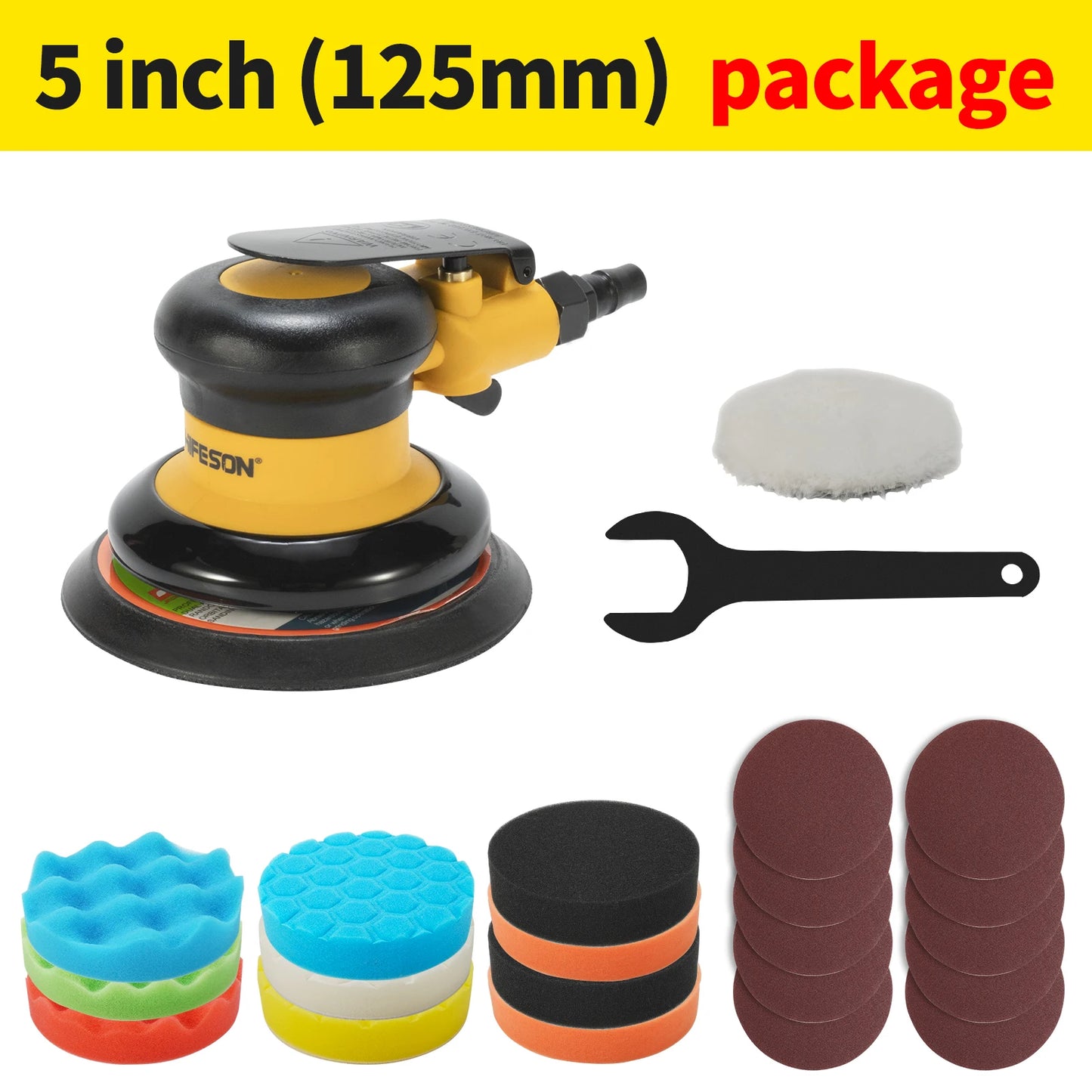 Wet/Dry vacuum with accessories including Glissedi Palm Sander discs and polish pads on a white background.