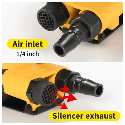 Close-up of a Glissedi Palm Sander air tool with labeled air inlet and silencer exhaust on a white background.