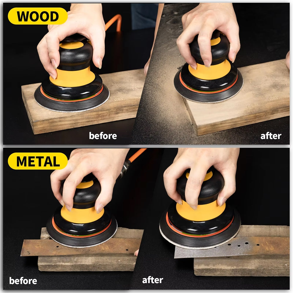 Before and after comparison of Glissedi Palm Sander wood and metal with a sander.