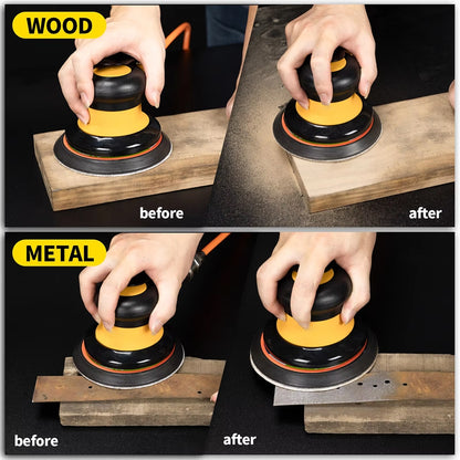 Before and after comparison of Glissedi Palm Sander wood and metal with a sander.