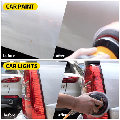 Before and after comparison of car paint and lights with a hand using a tool.