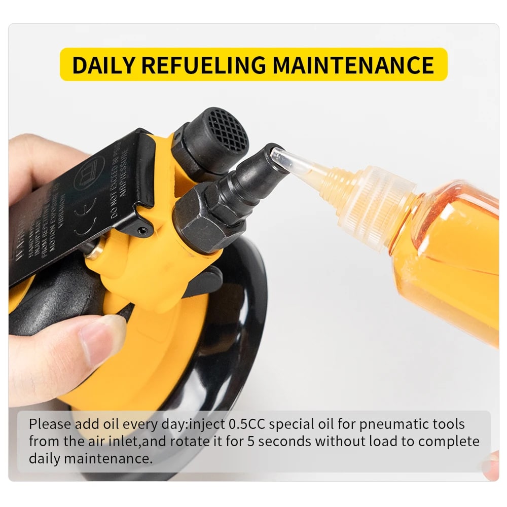 Pneumatic tool being refueled with a bottle of oil, with text about daily refueling maintenance.