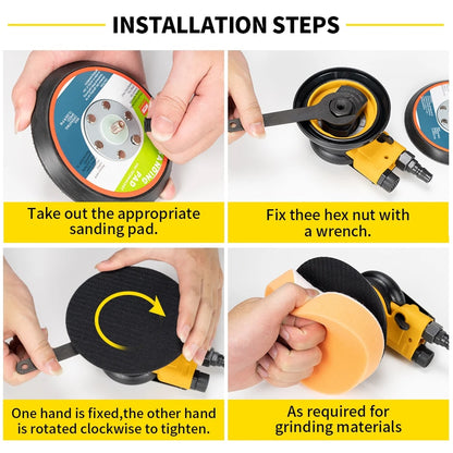 Step-by-step installation guide for a Glissedi Palm Sander pad with text instructions.