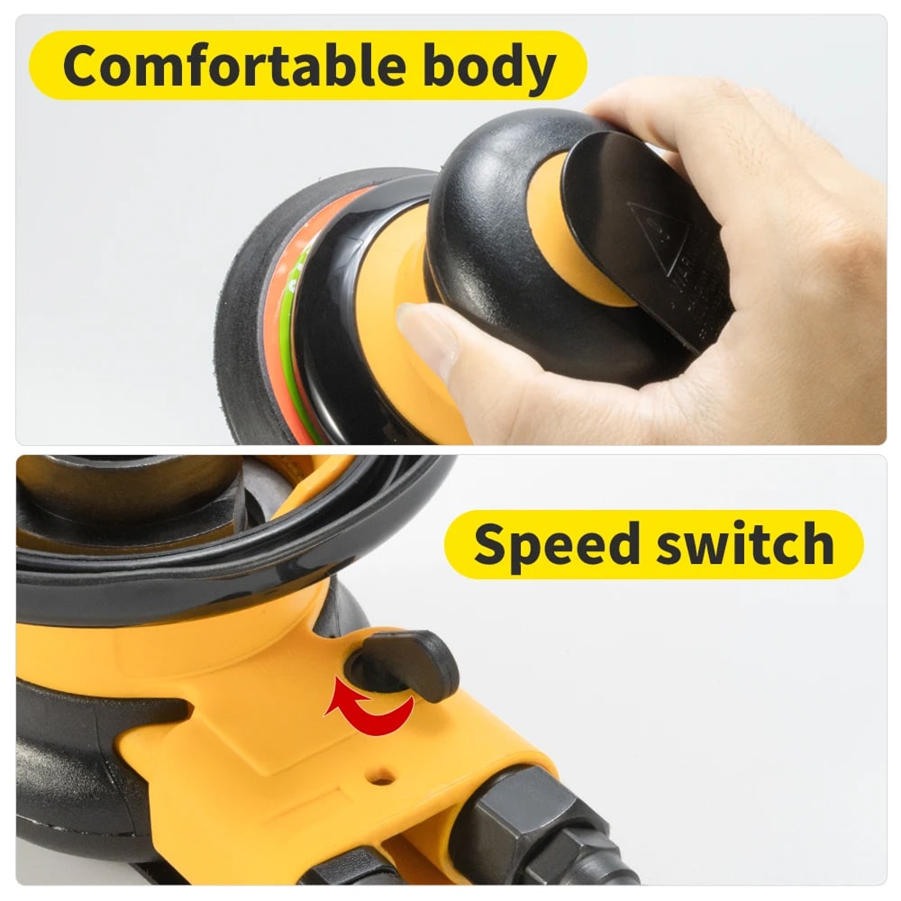 Hand holding a black and yellow power tool with 'Comfortable body' and 'Speed switch' labels.