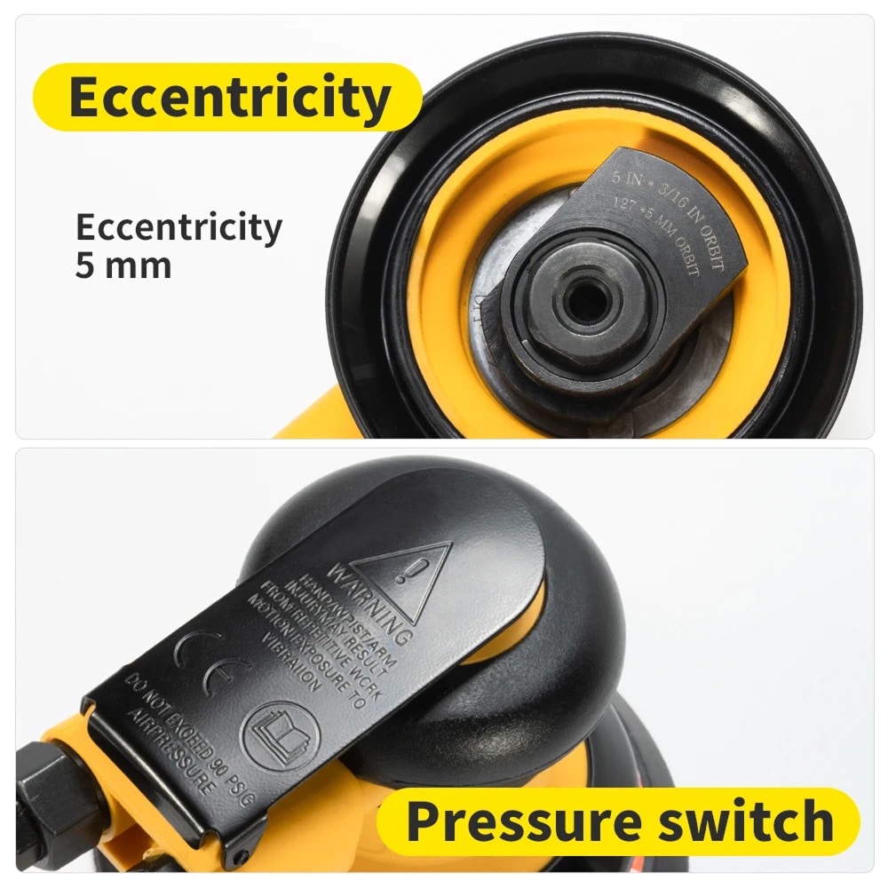 Close-up of a yellow and black pressure switch with eccentricity feature labeled.