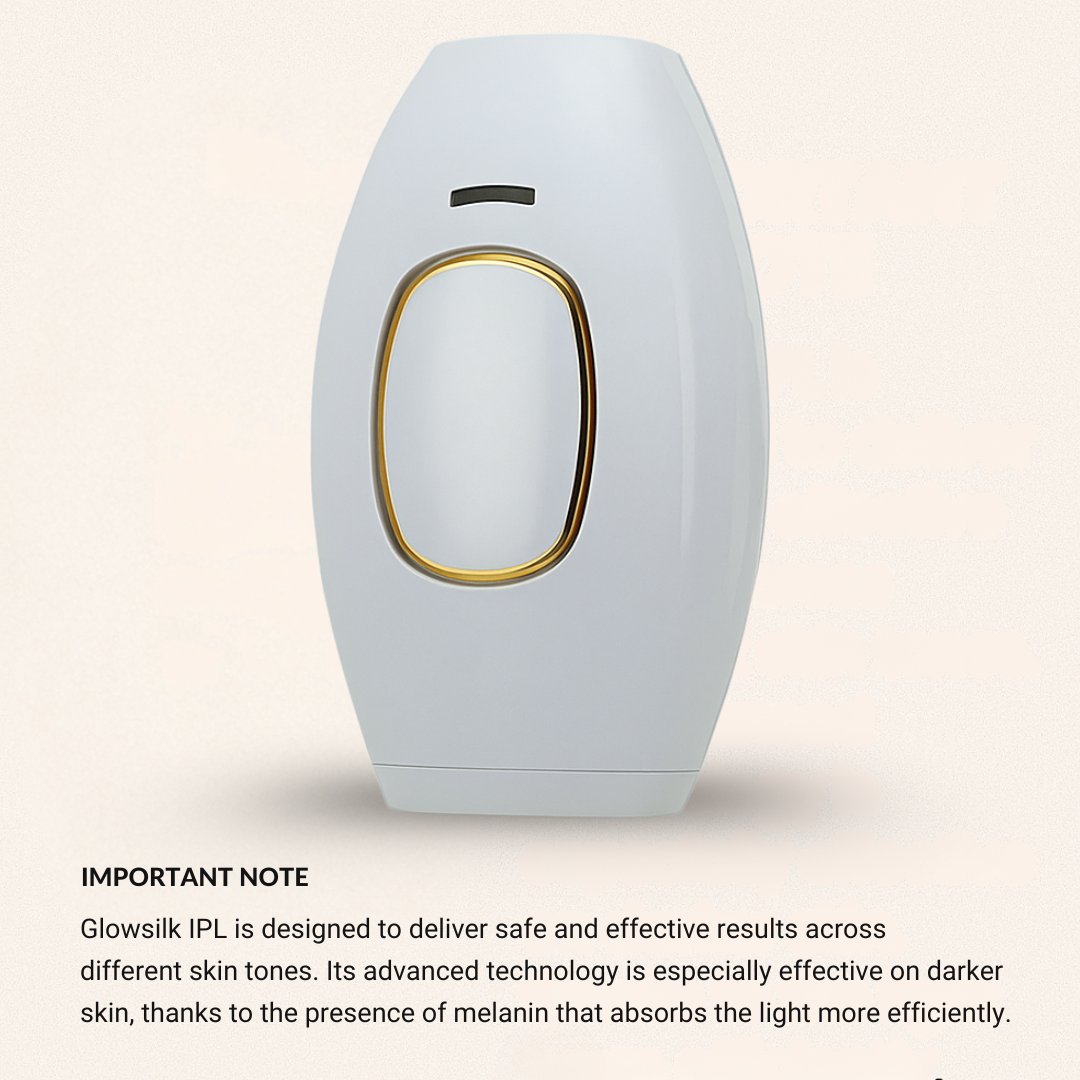 White GlowSilk Hair Removal device with gold accents on a beige background