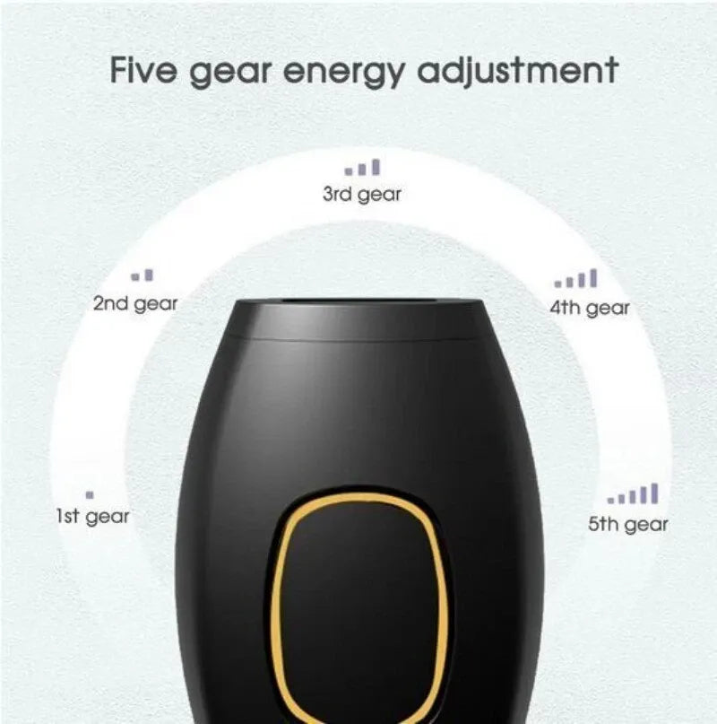 Black GlowSilk IPL Hair Removal device with energy adjustment gears on a light gray background