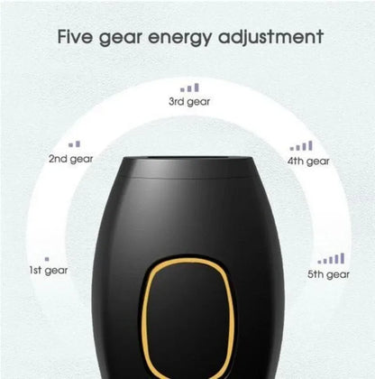 Black GlowSilk IPL Hair Removal device with energy adjustment gears on a light gray background