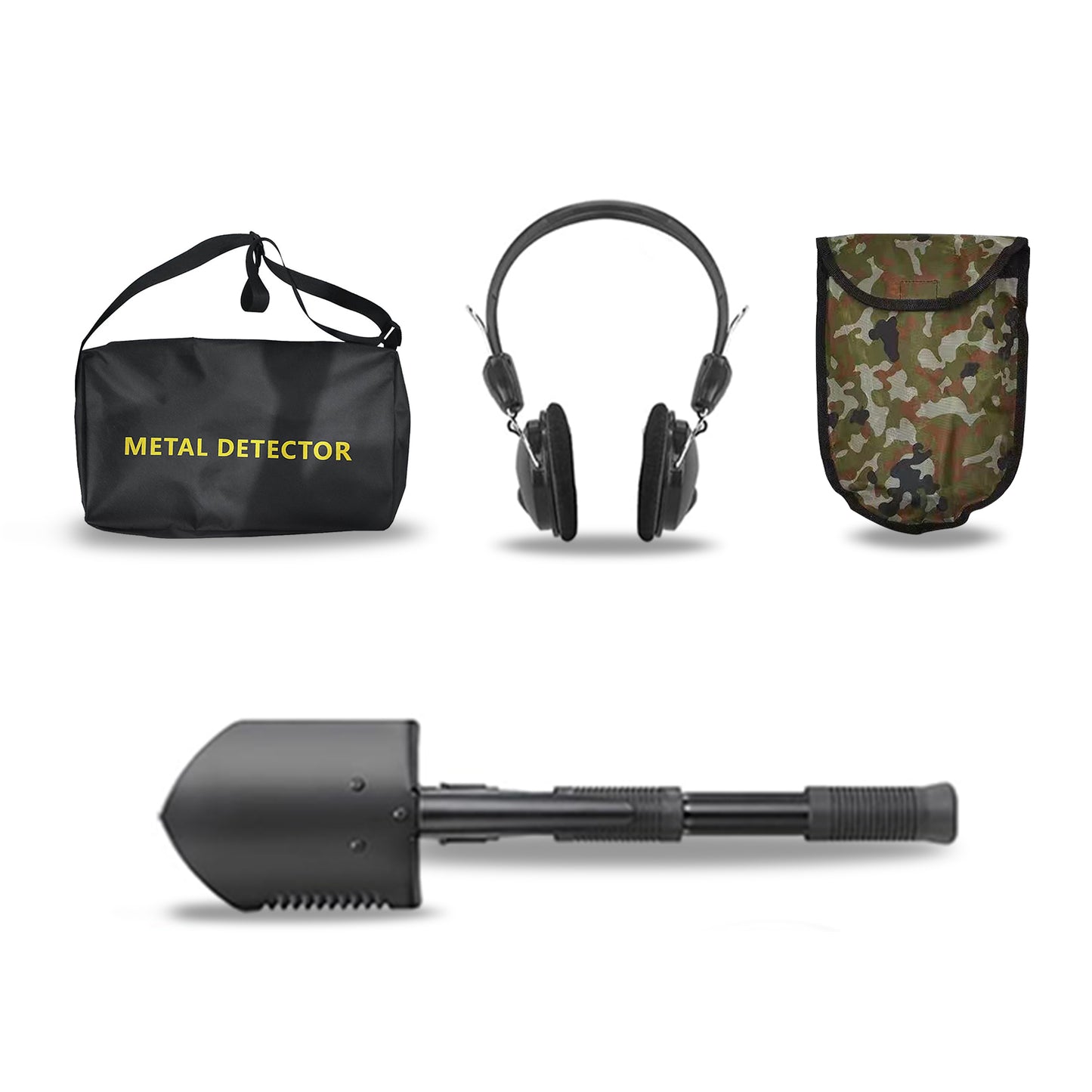 Goldfinder Metal Detector set with headphones, carrying bag, and shovel on a white background