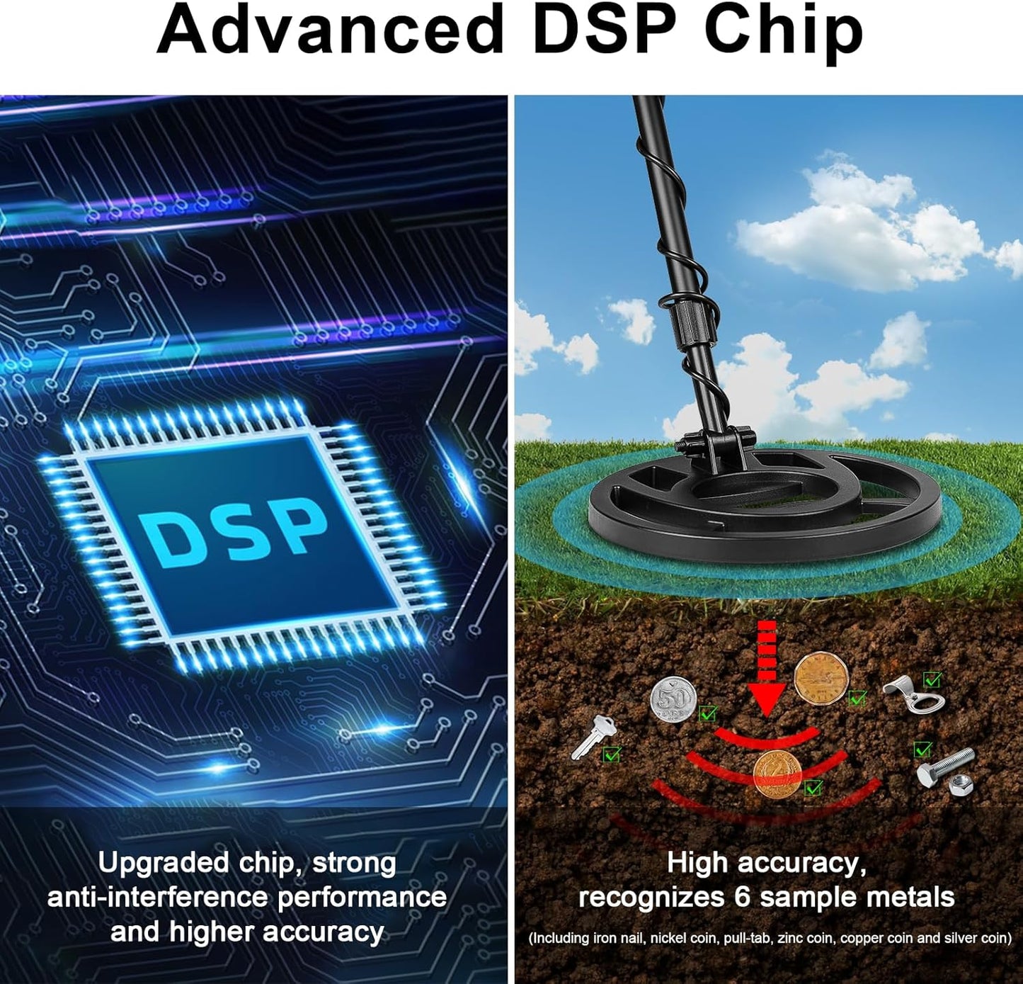 Goldfinder Metal Detector with DSP chip feature, showing electronic component and detection in soil.