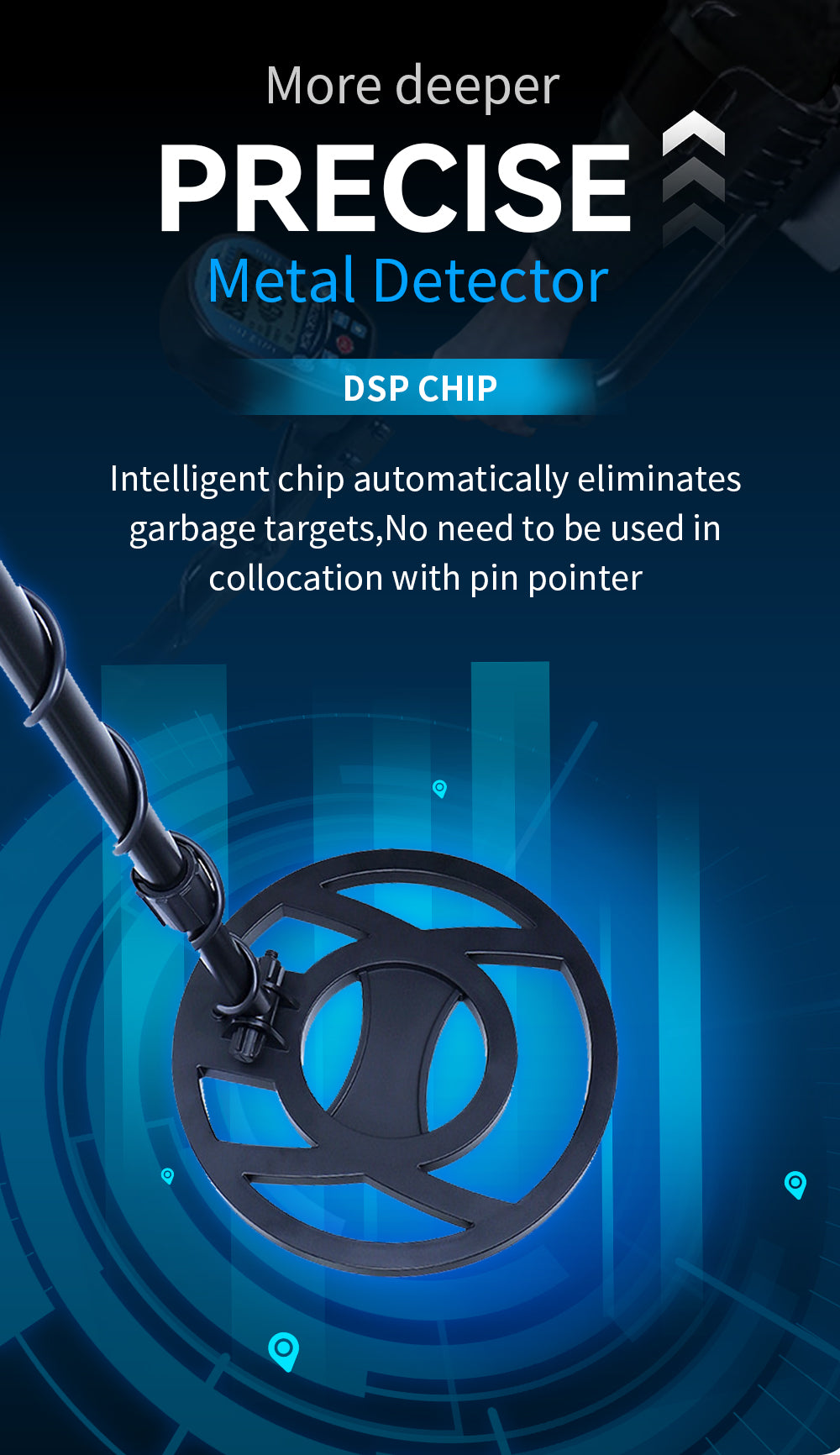 Goldfinder Metal Detector with DSP chip on a blue and black background