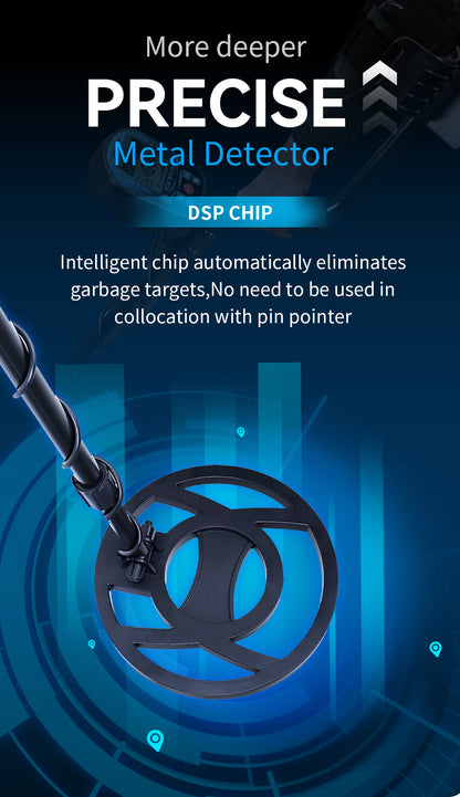 Goldfinder Metal Detector with DSP chip on a blue and black background