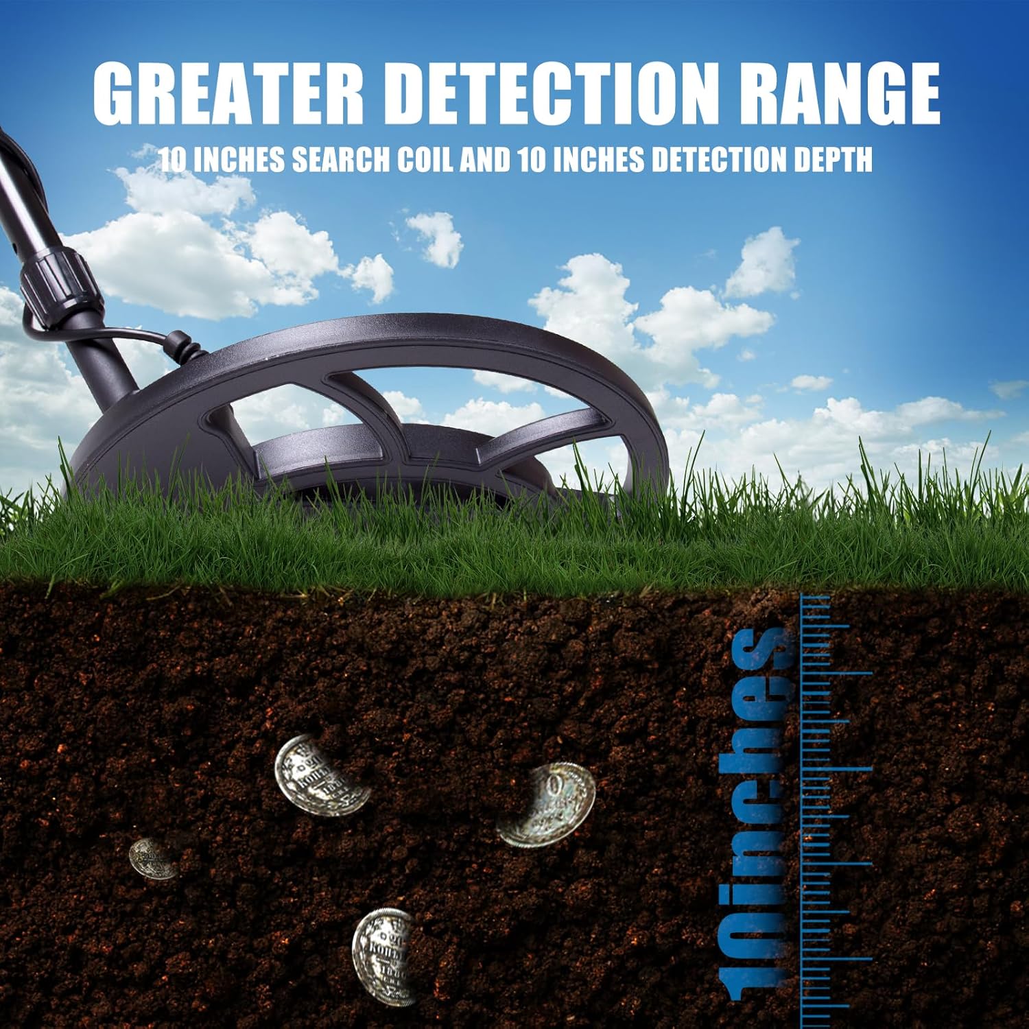 Goldfinder Metal Detector on grass with soil cross-section showing coins and measurement scale, against a blue sky.