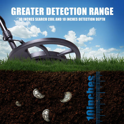 Goldfinder Metal Detector on grass with soil cross-section showing coins and measurement scale, against a blue sky.