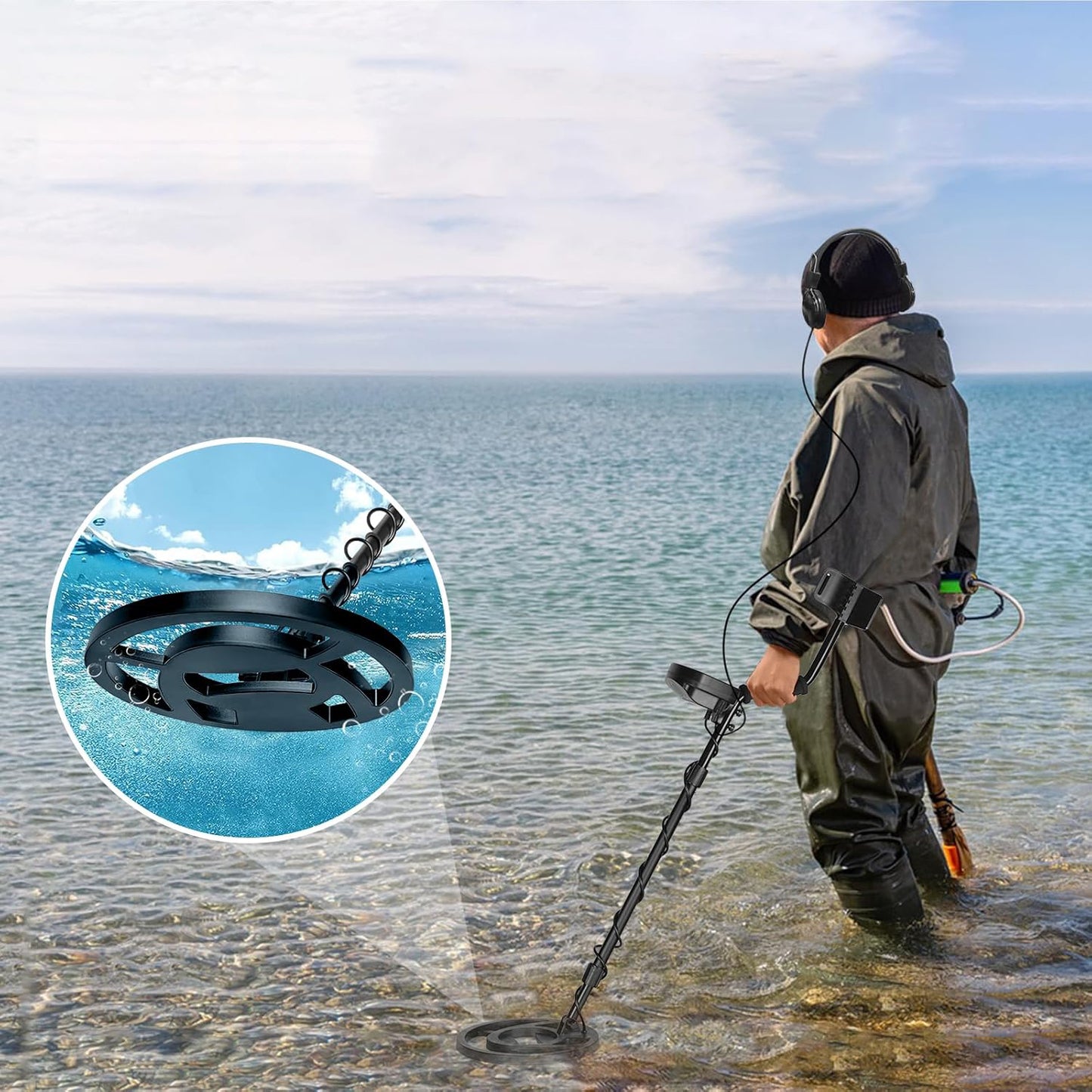 Person using a Goldfinder Metal Detector in shallow water with an inset showing underwater view.