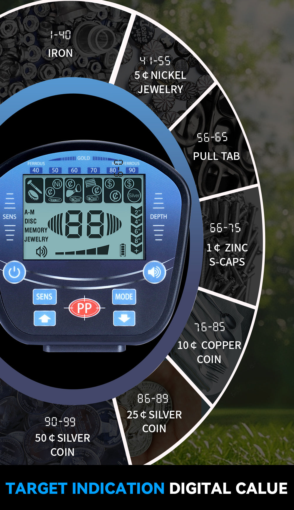 Goldfinder Metal Detector Digital device with a circular gauge displaying various values on a dark background