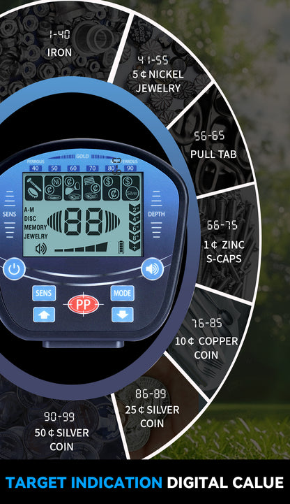 Goldfinder Metal Detector Digital device with a circular gauge displaying various values on a dark background