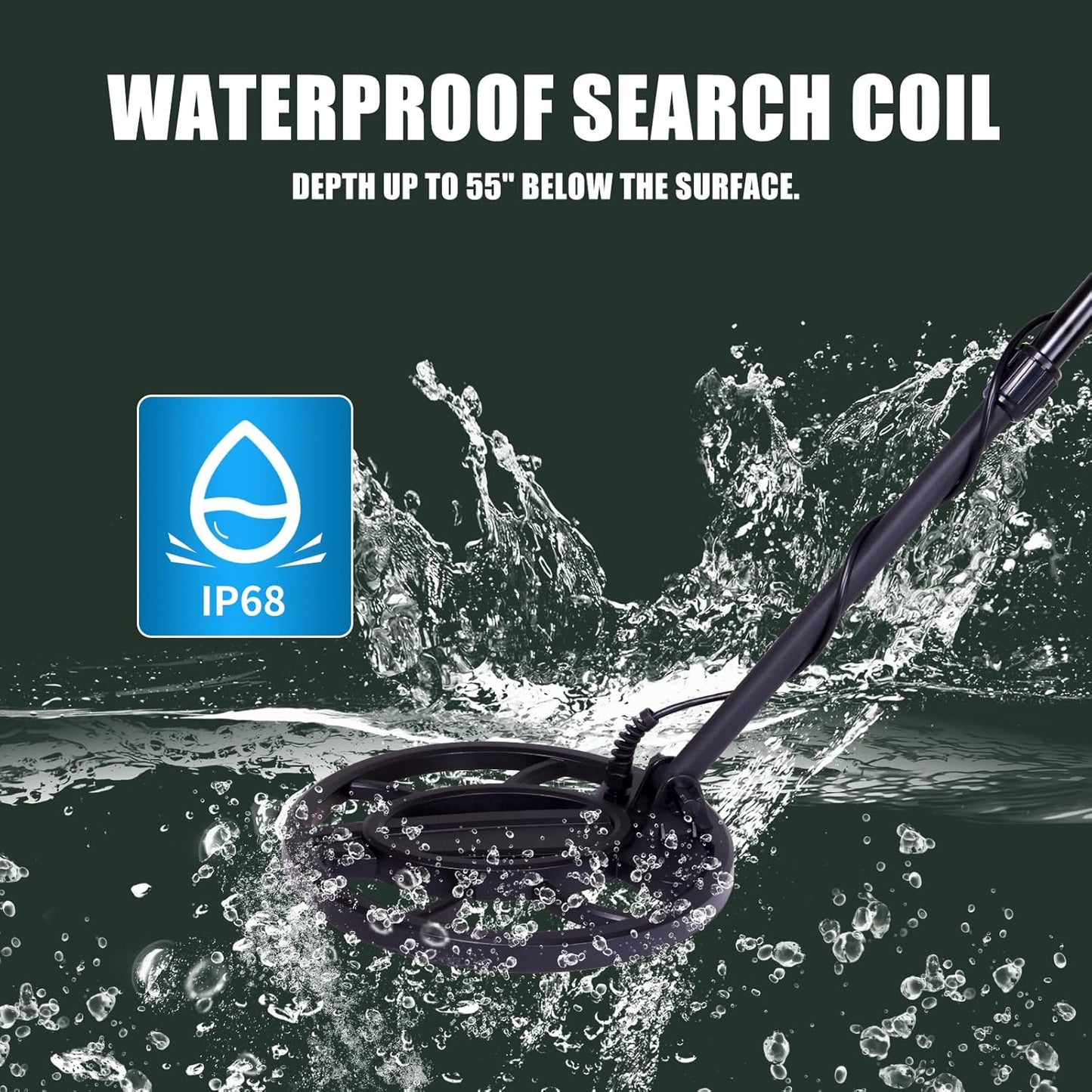 Goldfinder Metal Detector Waterproof search coil with water splashes and IP68 rating symbol on a dark background