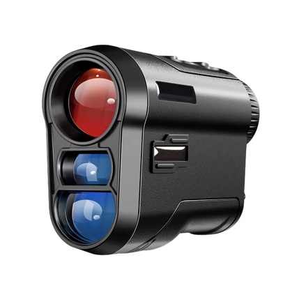 GolfFidi Rangefinder with red and blue lenses on a white background