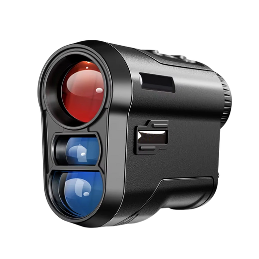GolfFidi Rangefinder with red and blue lenses on a white background