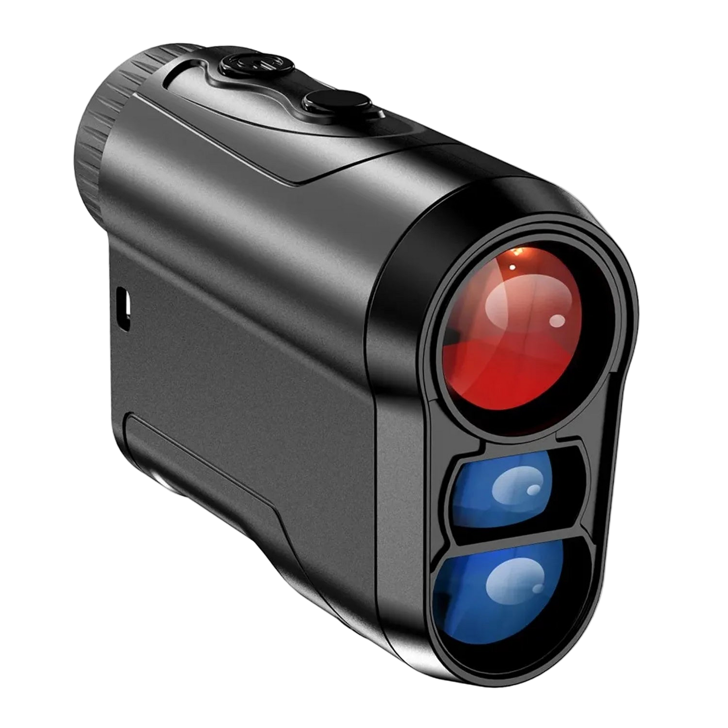 GolfFidi Rangefinder with a red lens and blue display on a white background