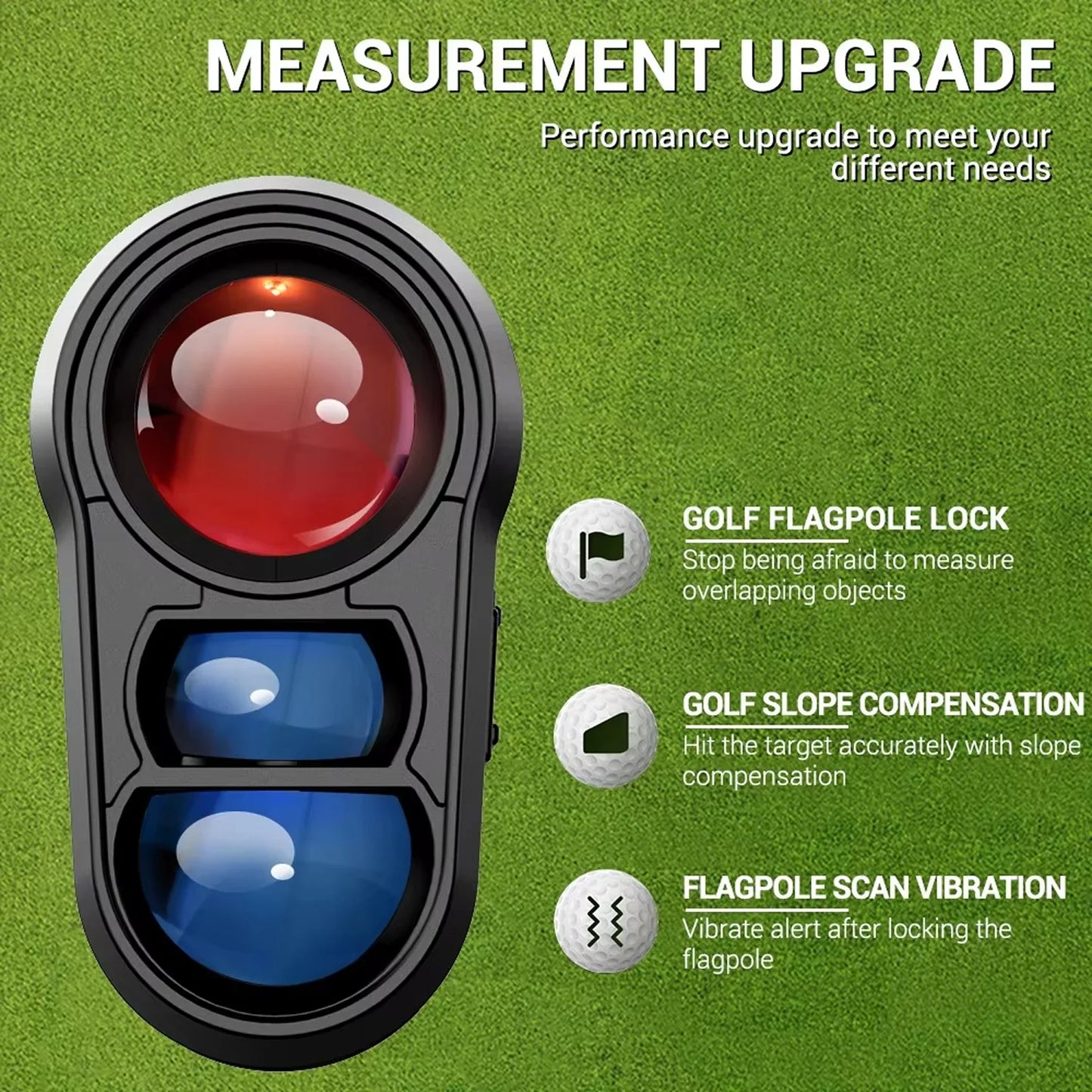 Golf GolfFidi Rangefinder device with red, blue, and clear lights on a green background
