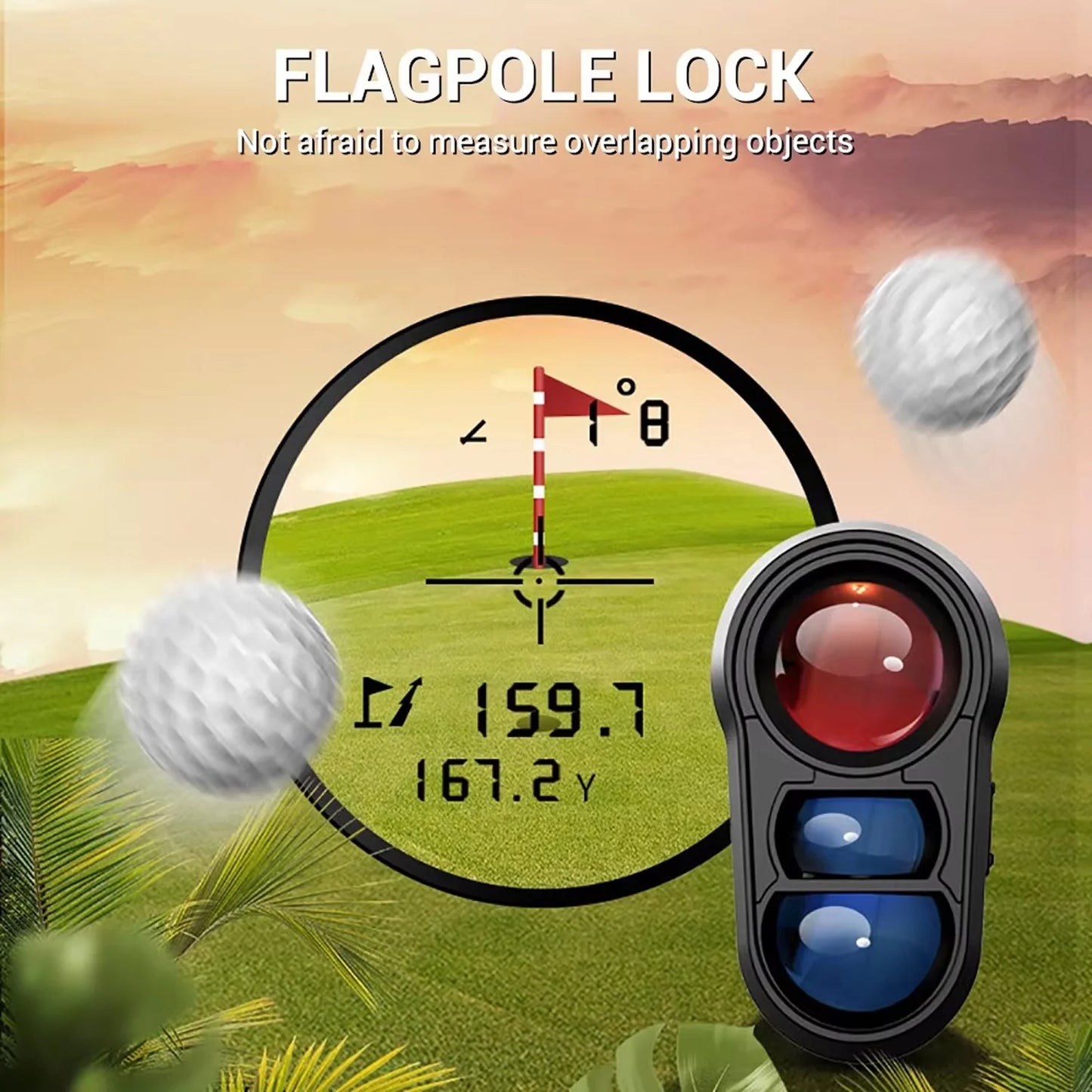 Golf GolfFidi Rangefinder with flagpole lock feature on a golf course background