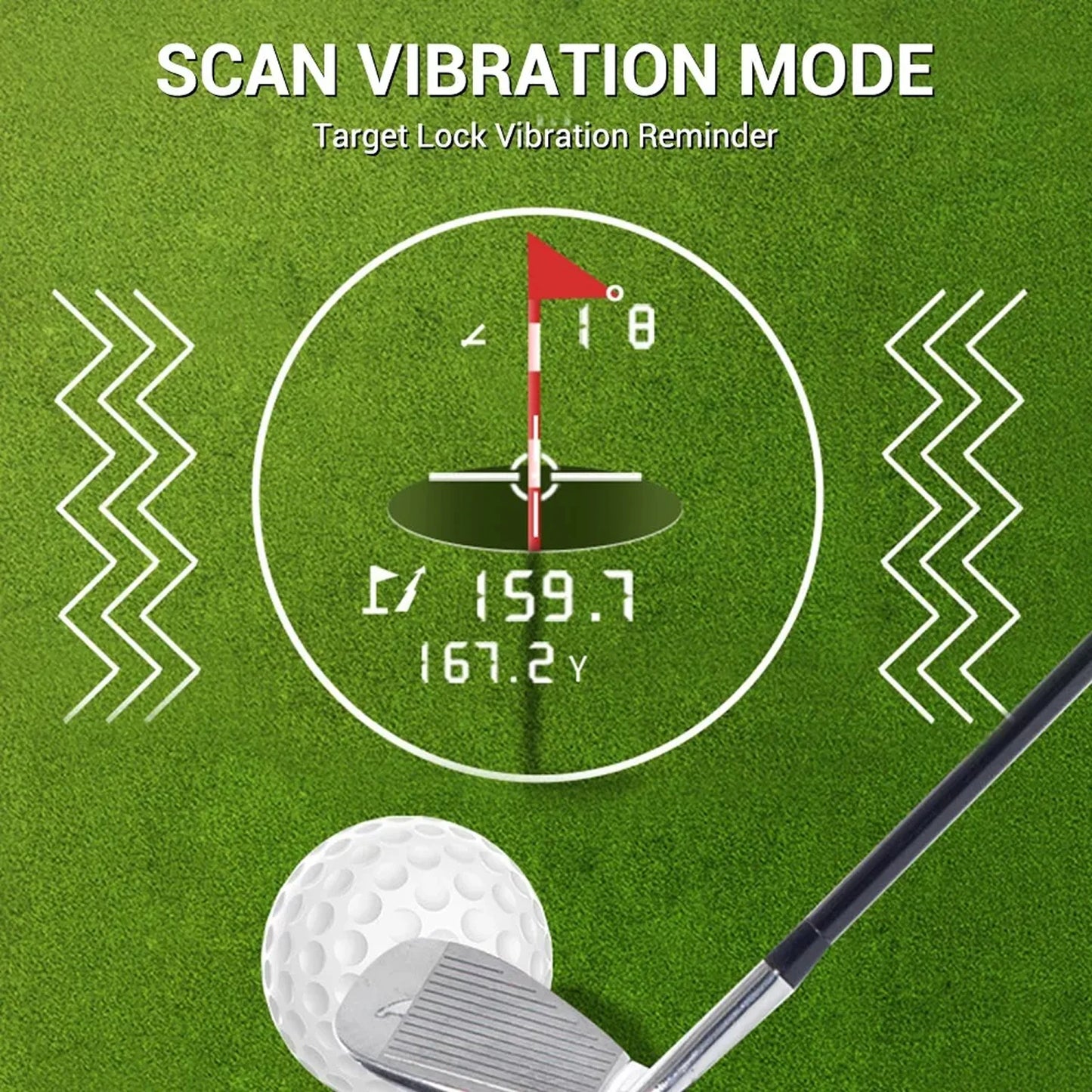 Golf club and ball on a green background with digital display showing 'Scan Vibration Mode' text.