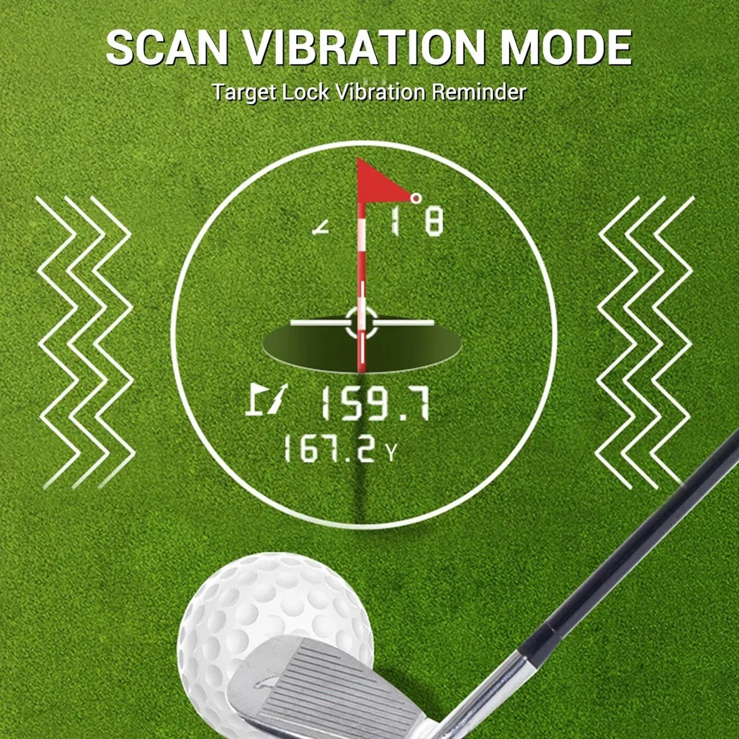 Golf club and ball on a green background with digital display showing 'Scan Vibration Mode' text.