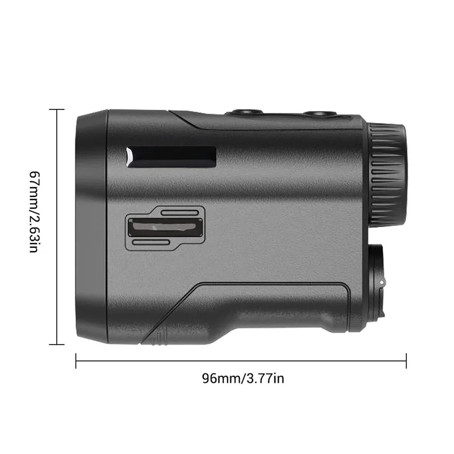 Black GolfFidi Rangefinder with dimensions indicated on a white background