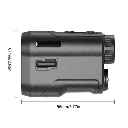 Black GolfFidi Rangefinder with dimensions indicated on a white background