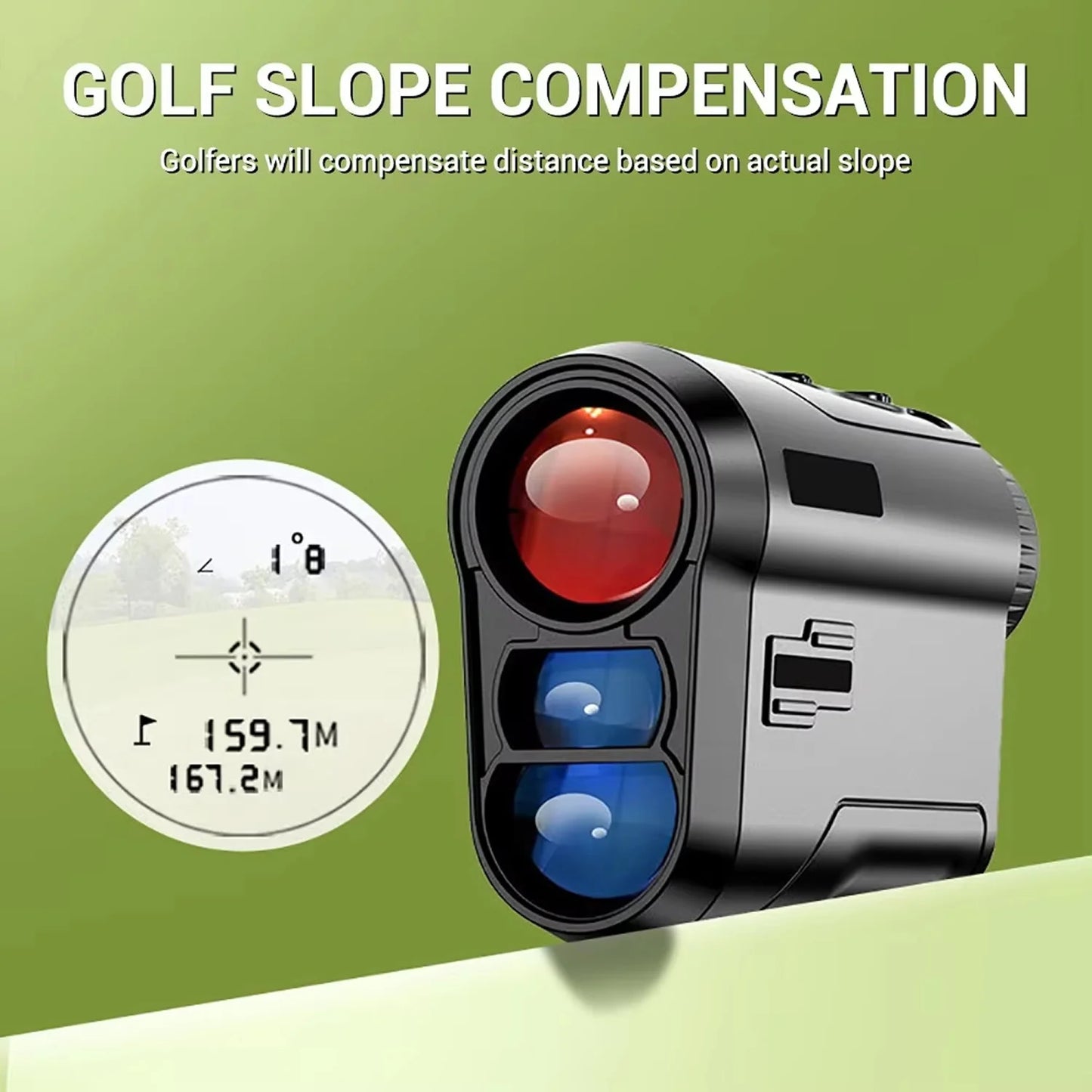 GolfFidi Rangefinder slope compensation device with digital display on a green background
