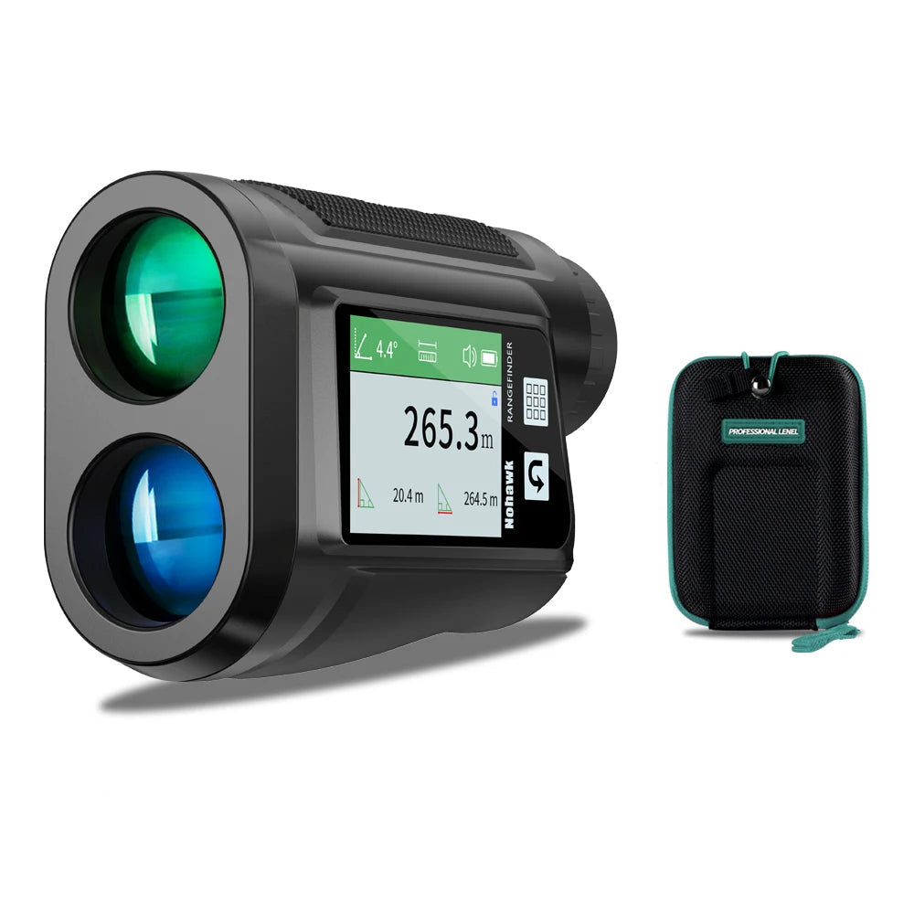 Laser GolfFidi Rangefinder with display screen, case, and cable on a white background