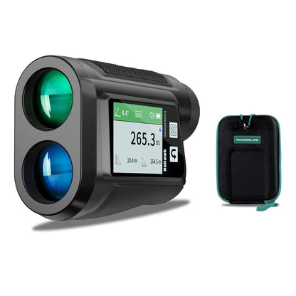 Laser GolfFidi Rangefinder with display screen, case, and cable on a white background