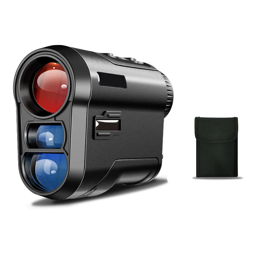 laser GolfFidi Rangefinder with battery and case on a white background