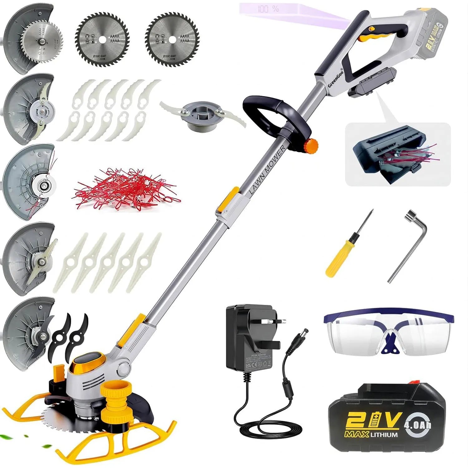 GreenGoo Cordless Grass Trimmer set with attachments, battery, and safety glasses on a white background