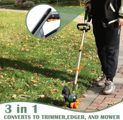 Person using a 3-in-1 GreenGoo Cordless Grass Trimmer, edger, and mower on a lawn.