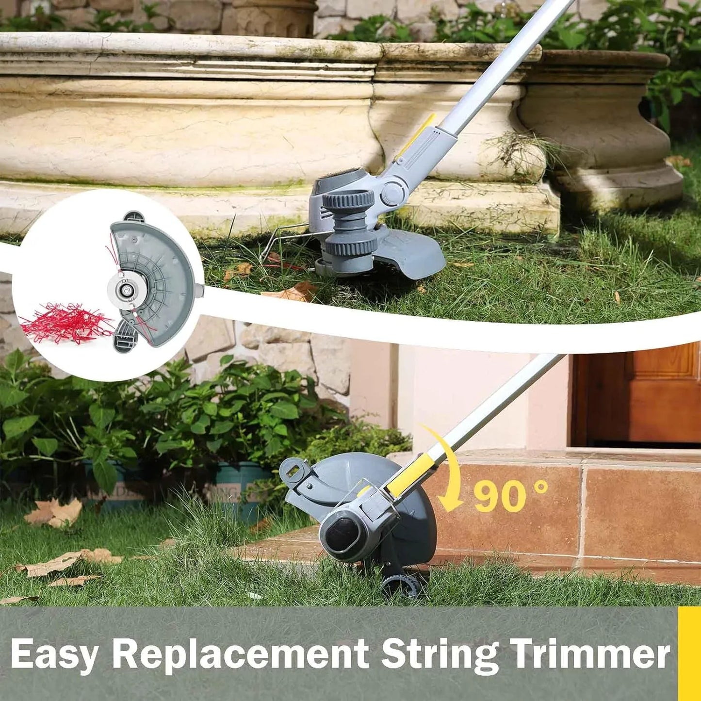 String GreenGoo Cordless Grass Trimmer in use with a close-up of the cutting head on a garden background.