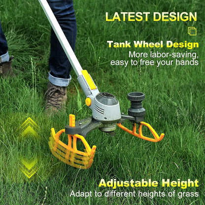 Person using a grass GreenGoo Cordless Grass Trimmer on grass with text highlighting features