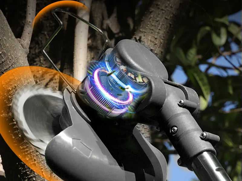 Close-up of a GreenGoo Cordless Grass Trimmer with a colorful light on a tree branch background