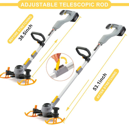 Adjustable GreenGoo Cordless Grass Trimmer rod with measurements on a white background