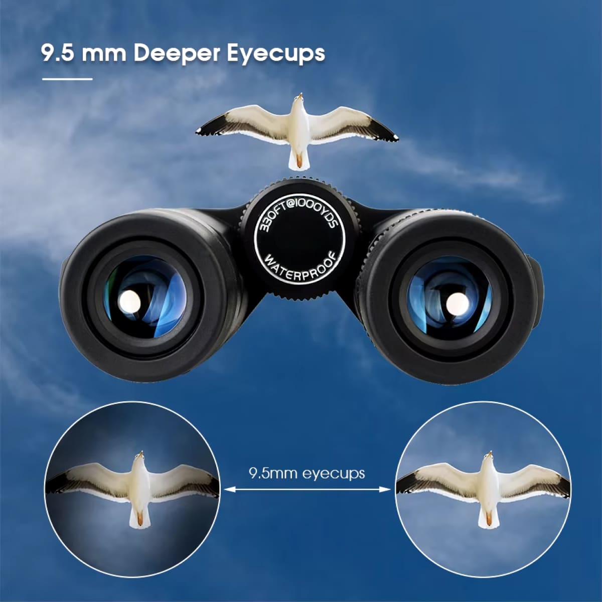 HoziSkop Binoculars with 9.5 mm deeper eyecups shown against a blue sky with birds.