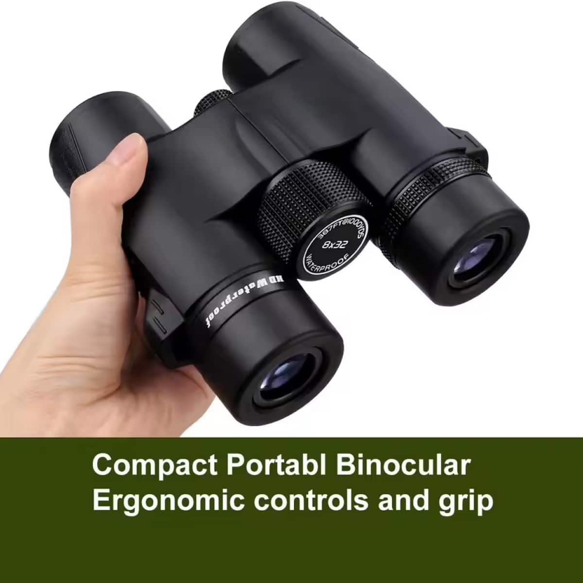 Black HoziSkop Binoculars held in a hand with text describing features